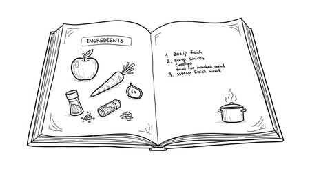 Vegetable recipe book. Black and white vector illustration in doodle style.の写真素材