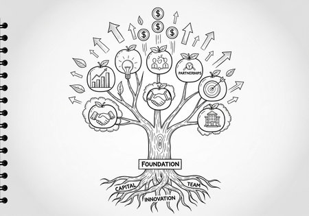 Business tree with money and icons. Hand drawn sketch vector illustration.