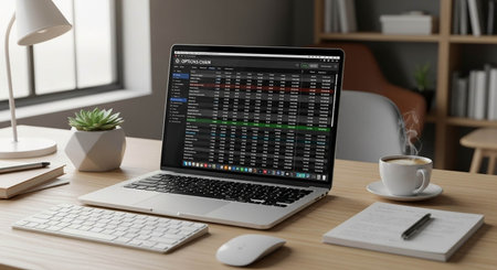 Workplace with laptop and cup of coffee on table, closeup