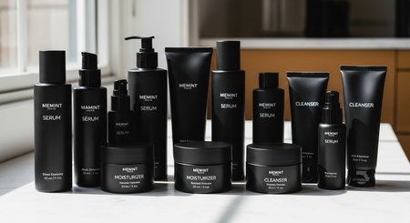 Mockup of cosmetic products on a table in the kitchen.の写真素材