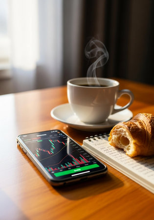 Smartphone with stock market chart on screen, coffee and croissant