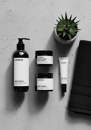 Mockup of cosmetic products on concrete background. Flat lay, top viewの写真素材