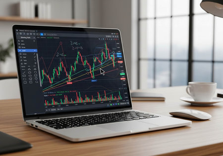 Laptop with stock market chart on screen. 3d rendering.