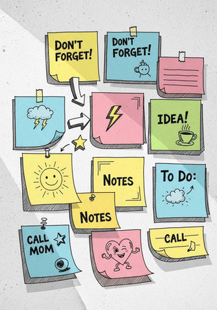 Doodle set of sticky notes with doodles. Vector illustration.