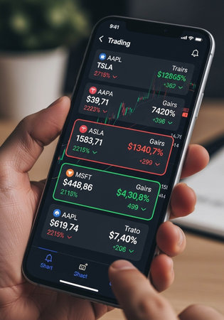 cropped view of trader holding smartphone with stock market app on screen