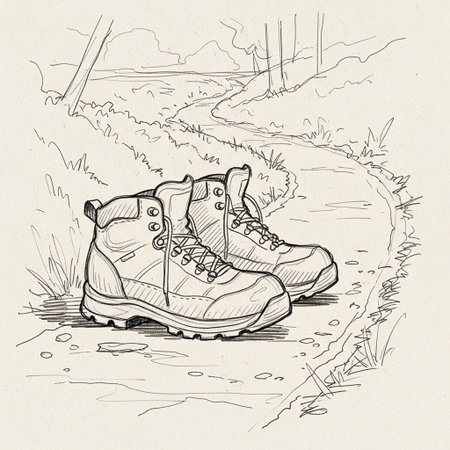 Sketch of hiking boots in the countryside. Vector illustration.