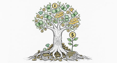 Money tree with coins and banknotes. Hand drawn vector illustration.