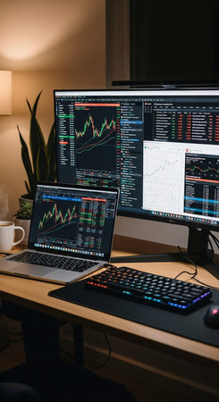 Computer monitors with stock market data on the table in the room.
