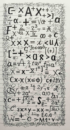 Mathematical formulas on a sheet of paper, hand-drawn