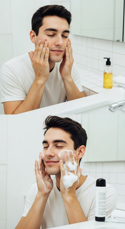 smiling young man applying shaving foam on face and looking at mirror in bathroomの写真素材