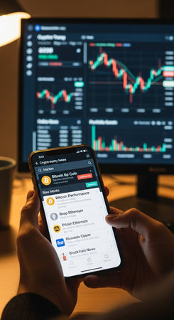 Woman using iPhone Xs with stock market application on the screen.