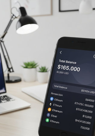 smartphone screen in modern officeの写真素材