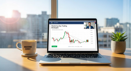 Laptop screen displaying a stock market analysis concept on a desk with a cup of coffee