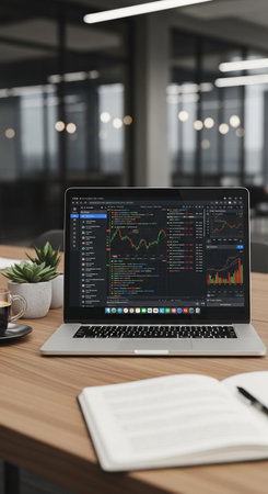 Laptop with stock market data on screen. Online trading and investment concept