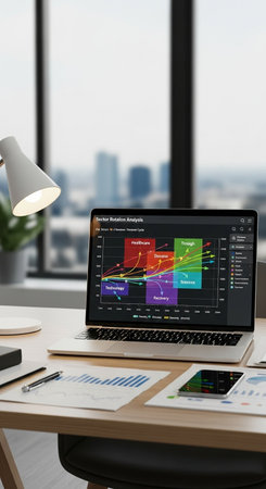 laptop with financial charts and graphs on screen in modern office 3D rendering