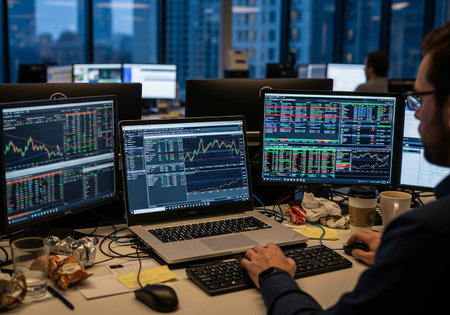 Businessman analyzing stock market data on multiple computer screens at night in office
