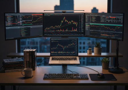 Computer monitors with stock market data on the table in office at nightの写真素材