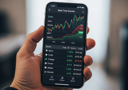 smartphone with stock market app on the screen in the hands of a man