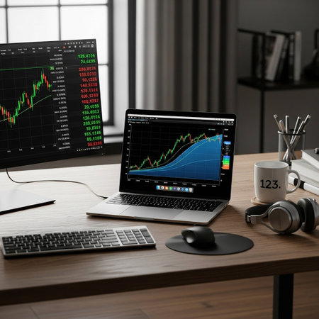 Laptop with stock market data on screen. Online trading concept.