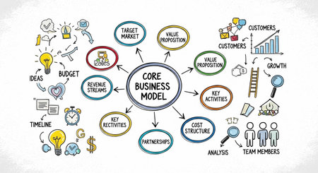 Diagram of core core values concept with keywords and icons on white background