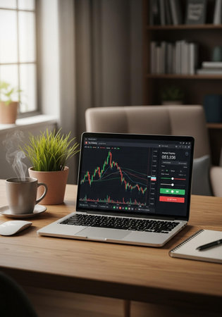 Laptop with stock market data on screen. Investment and trading concept.