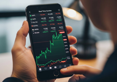 Smartphone screen displaying stock market data.の写真素材
