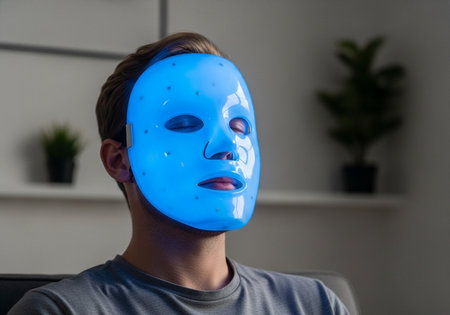 Young man with blue facial mask on his face at home in the living roomの写真素材