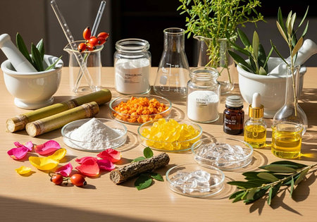 set with oil and herbs on a table in a beauty salon