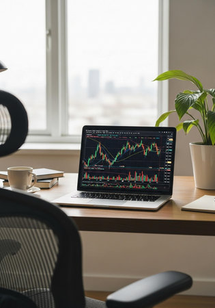 Laptop with stock market chart on screen. Business and finance concept