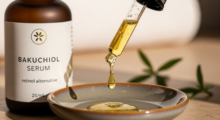 A bottle of oil with a dropper and a bowl of leavesの写真素材