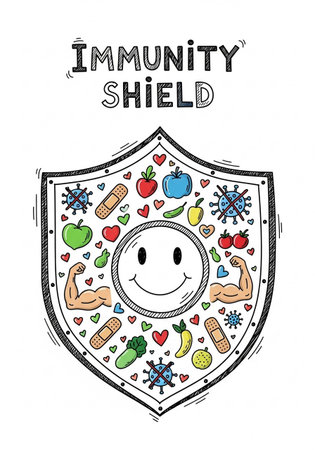 Vector illustration of healthy food in the form of a shieldの写真素材