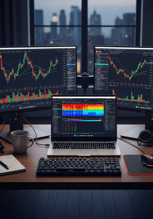 Computer monitors with stock market data on the screen, stock market concept