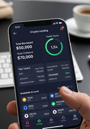 Closeup of a hand holding a smartphone with a crypto lending application.