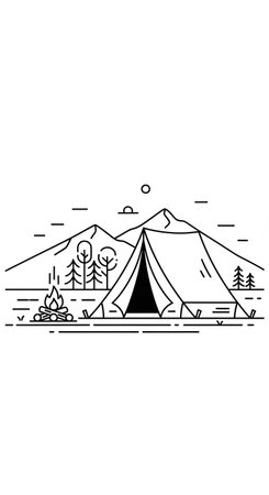 Camping in mountains. Outline vector illustration on white background.の写真素材