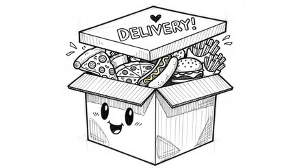 Illustration of a box with fast food, pizza and french fries