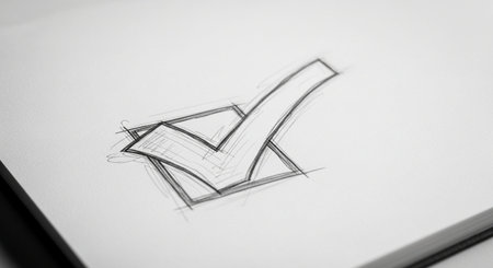 Check mark drawing on white paper. Close-up. Selective focus.の写真素材