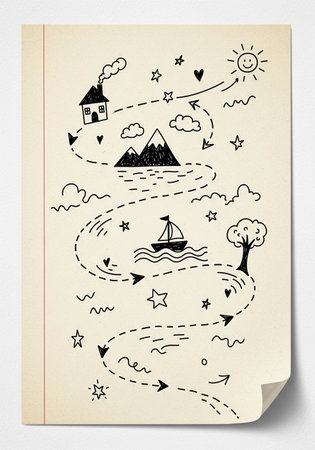 Hand drawing of a sea, sky, clouds, sailboat, sun, island.の写真素材