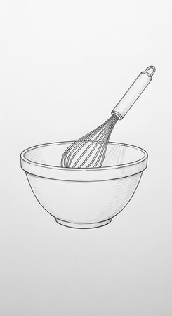 Illustration of a hand drawn bowl and whisk on a white backgroundの写真素材