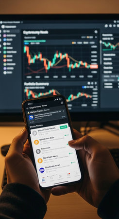 Man hand holding smartphone with Google Play Store on the screen.の写真素材