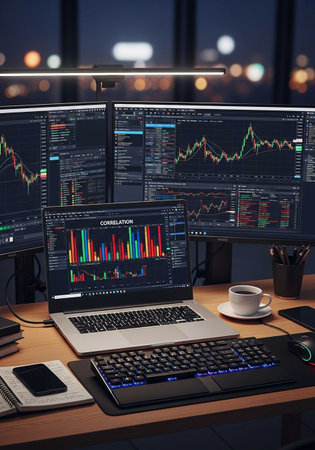Computer monitors with stock market data on the table. 3d rendering
