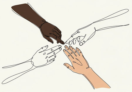 Hands of different races holding each other on a white background.の写真素材