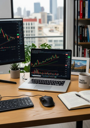 Laptop with stock market data on the screen, stock exchange conceptの写真素材