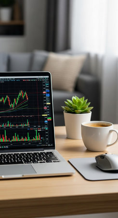 Laptop with stock market chart on screen and coffee cup on table