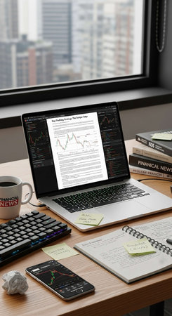 Workplace with laptop, coffee cup and financial documents on table in officeの写真素材