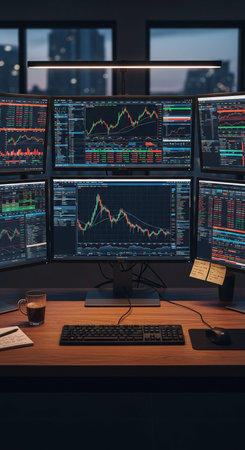 Computer monitors with stock market data on a desk in a dark officeの写真素材