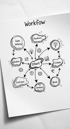 Workflow concept drawn on white paper with arrows and doodles