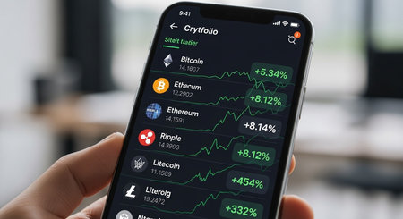 Smartphone screen displaying stock market data on the screen. Online trading concept.