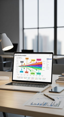 Workplace with laptop and charts on table in office, closeup