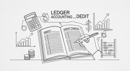 Hand drawn illustration of a book, calculator, money, chart and graphの写真素材