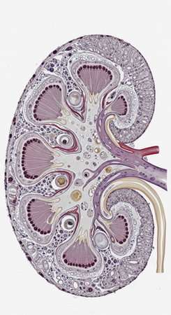 Human kidney cross section under microscope view for medical education and science.の写真素材
